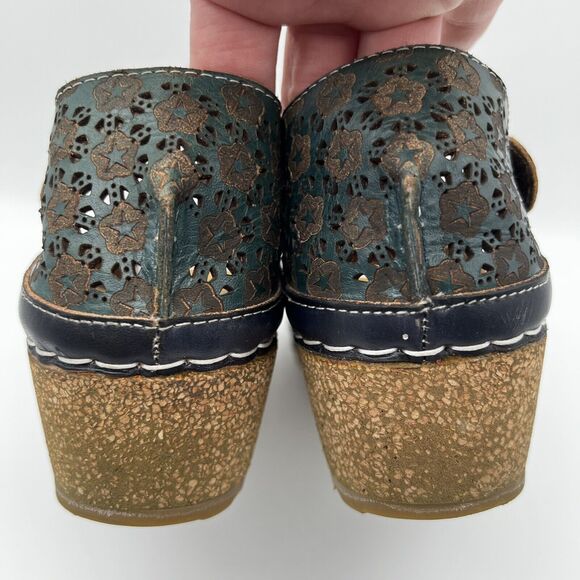 L’Artiste Spring Step Delphi’s Navy Blue Floral Leather Open Toe Wedge Sandal 42 - Picture 7 of 13